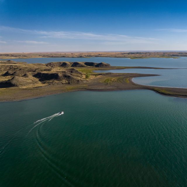 Aerial view of the shoreline of Fort Peck Reservoir