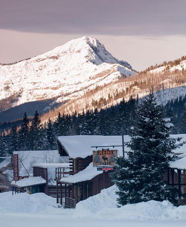 Snow covered businesses of Cooke City