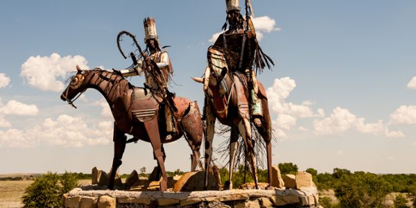 Jay Laber sculpture at entrance to Blackfeet Indian Reservation along Highway 89