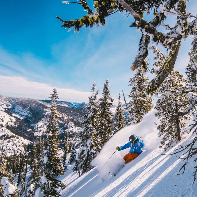 Skier under pink sunset
