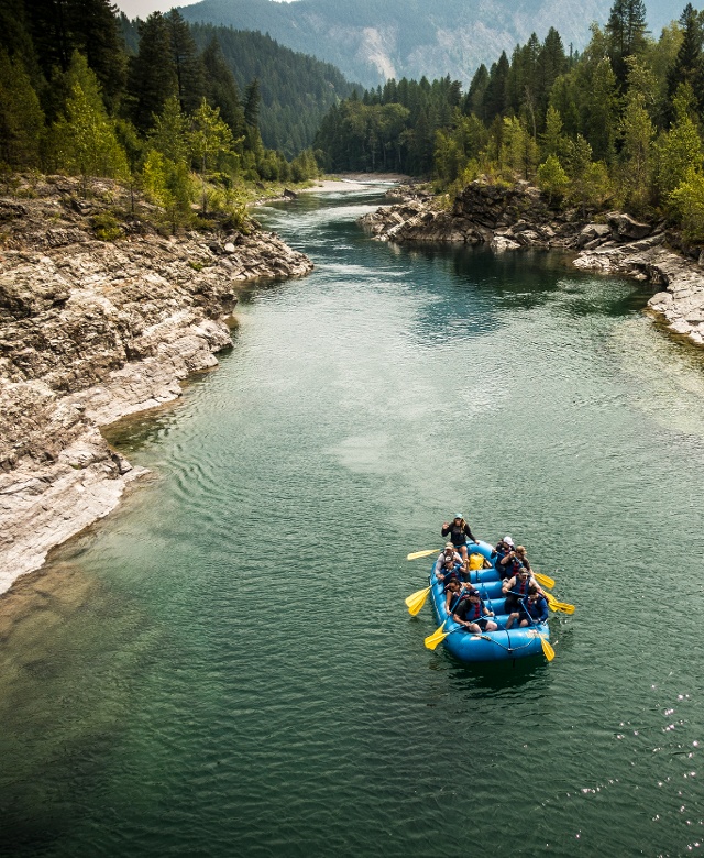 A group of people rafting on the Middle Fork of the Flathead River
