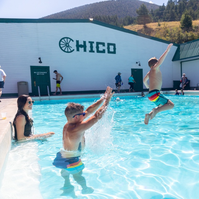 family playing at Chico hot springs