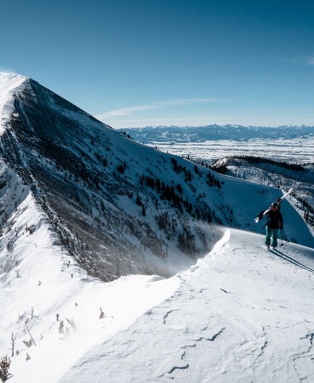 Skiier standing on a peak overlooking a ski mountain