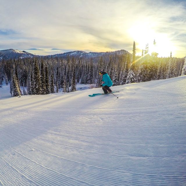 Skier on groomer under sunset