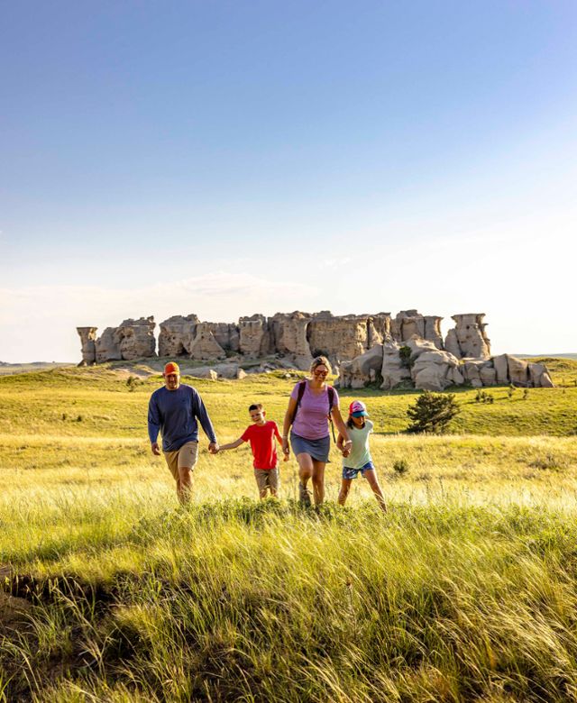 A family of four walking through a grassy field with Medicine Rocks State Park in the background