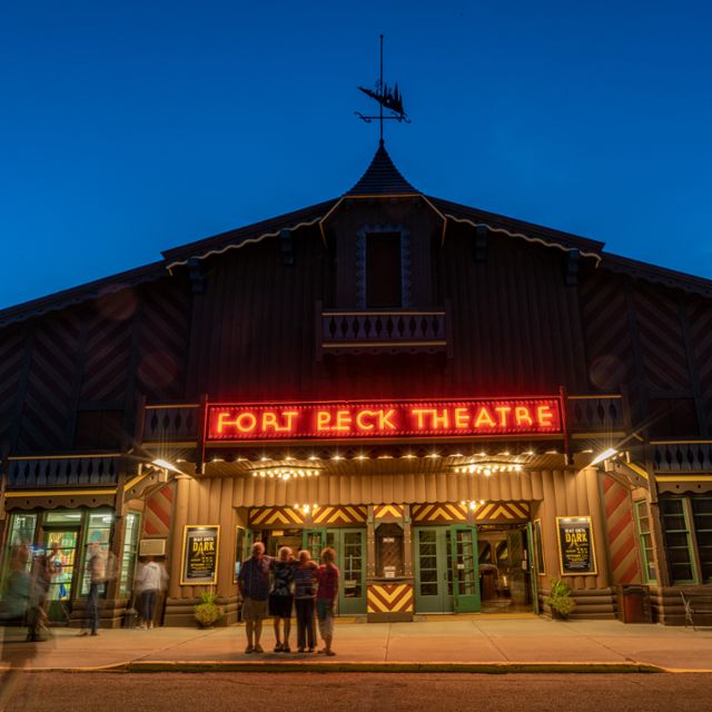 Fort Peck Theatre at night