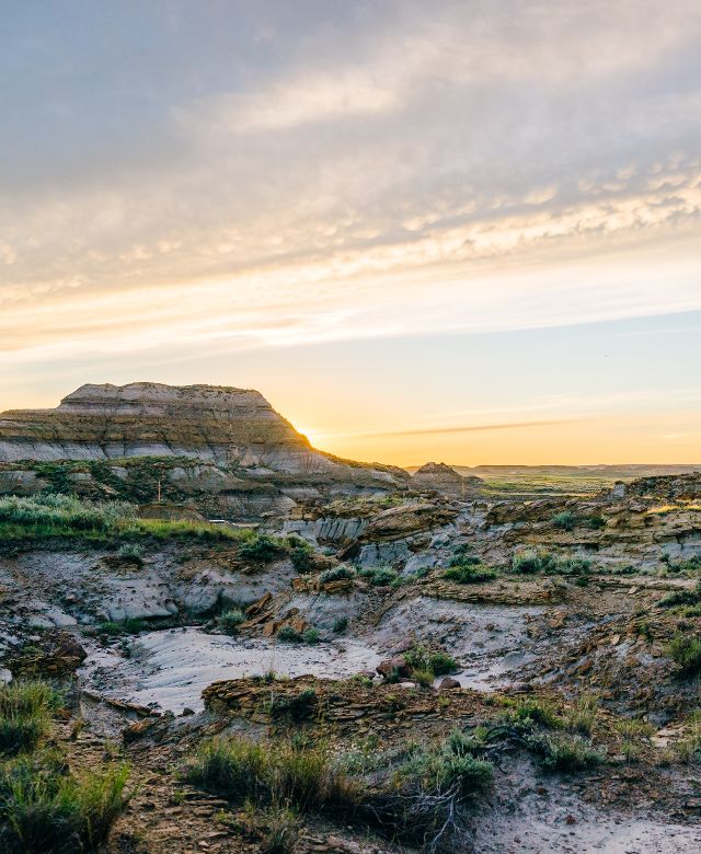 Sun setting over the Terry Badlands in the spring
