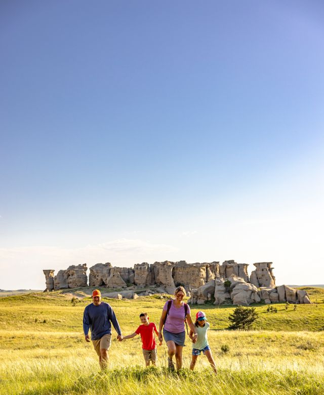 A Family of four walks through the tall spring grass at Medicine Rocks State Park