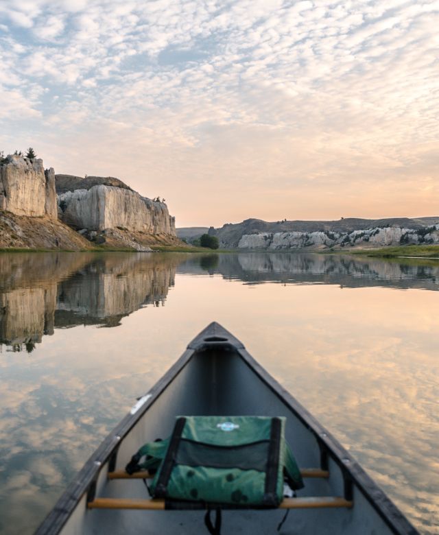a canoe under the white cliffs along the Missouri River