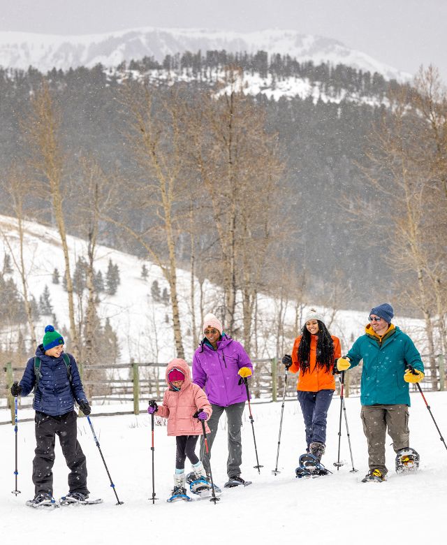 Family snowshoeing on Tom Miner Trail